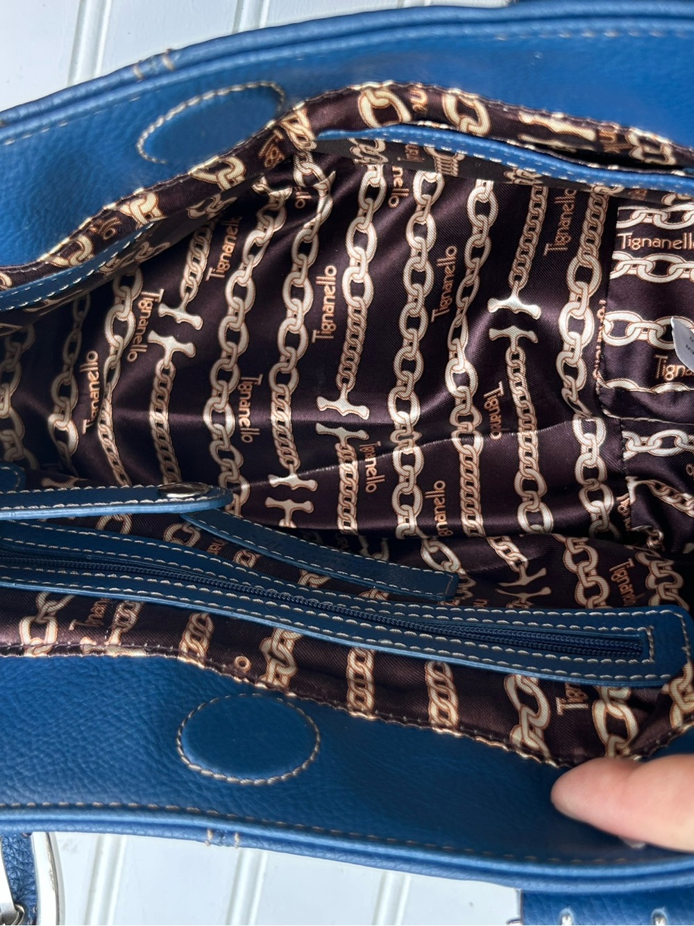 Tignanello Purse Blue Leather Pebbled Top-Handle Women’s Handbag Satchel Silver - Picture 5 of 8
